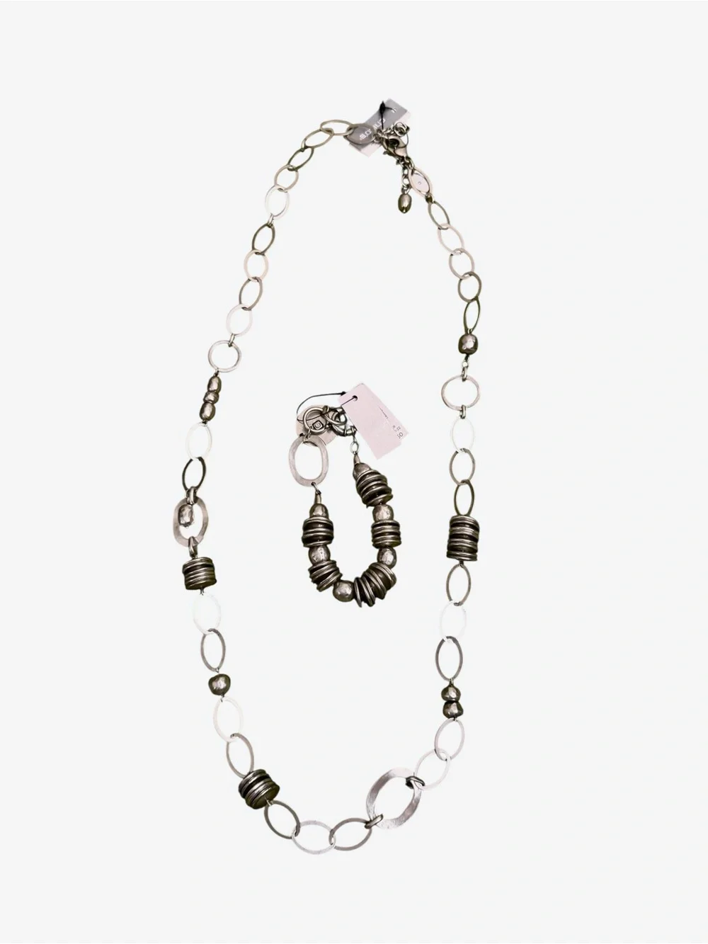 Chico’s Silver-Tone Beaded Disc Link Necklace and Bracelet Set NWT